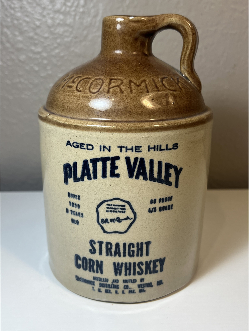 Vintage 1972 McCormick Platte Valley Straight Corn Whiskey Stoneware Jug 4/5 Qt